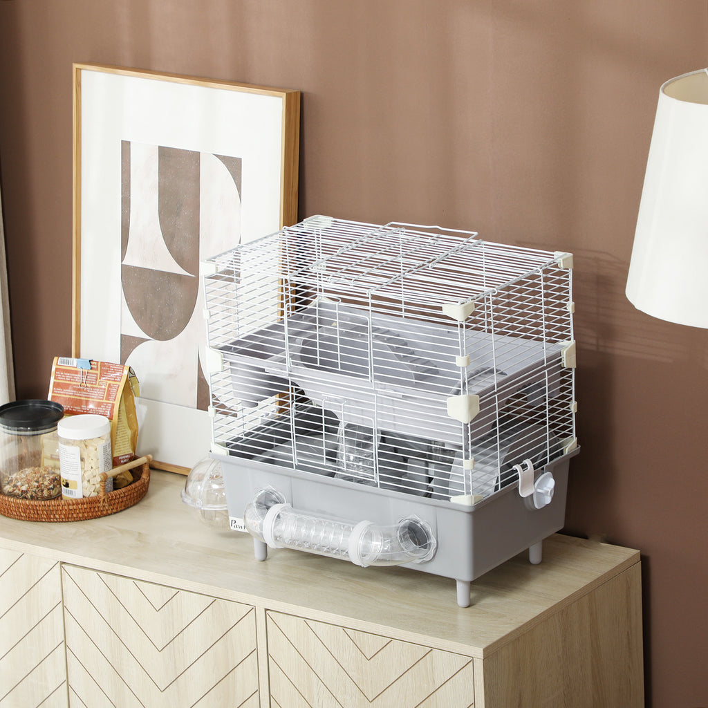 Cage pour hamster  à 2 niveaux avec roue de course salle de bain en sable pour hamster nain 44,5 x 28 x 44 cm gris-6