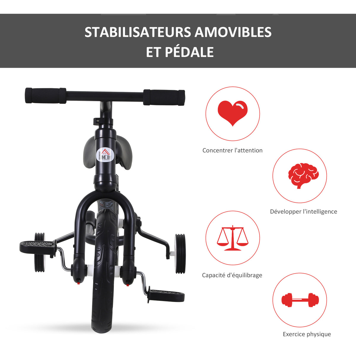 Vélo Enfant draisienne 2 en 1 roulettes et pédales Amovibles Roues 12" Hauteur Selle réglable pour enfants de 2 à 5 ans Acier Noir-5