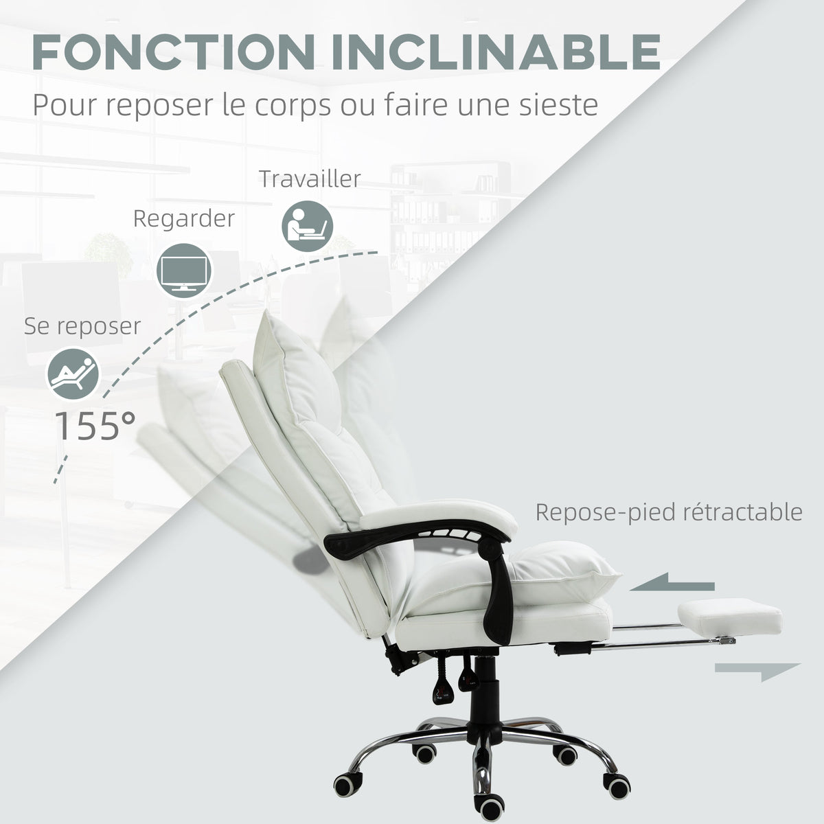 Fauteuil de bureau, chaise bureau ergonomique avec dossier inclinable, hauteur réglable, 66 x 72 x 130 cm, blanc-4