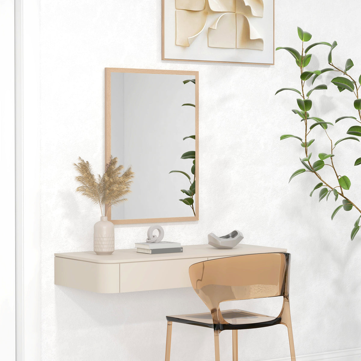 Miroir mural rectangulaire 50 x 70 cm, cadre en bois, idéal pour la salle de bain, salon ou chambre, naturel-1