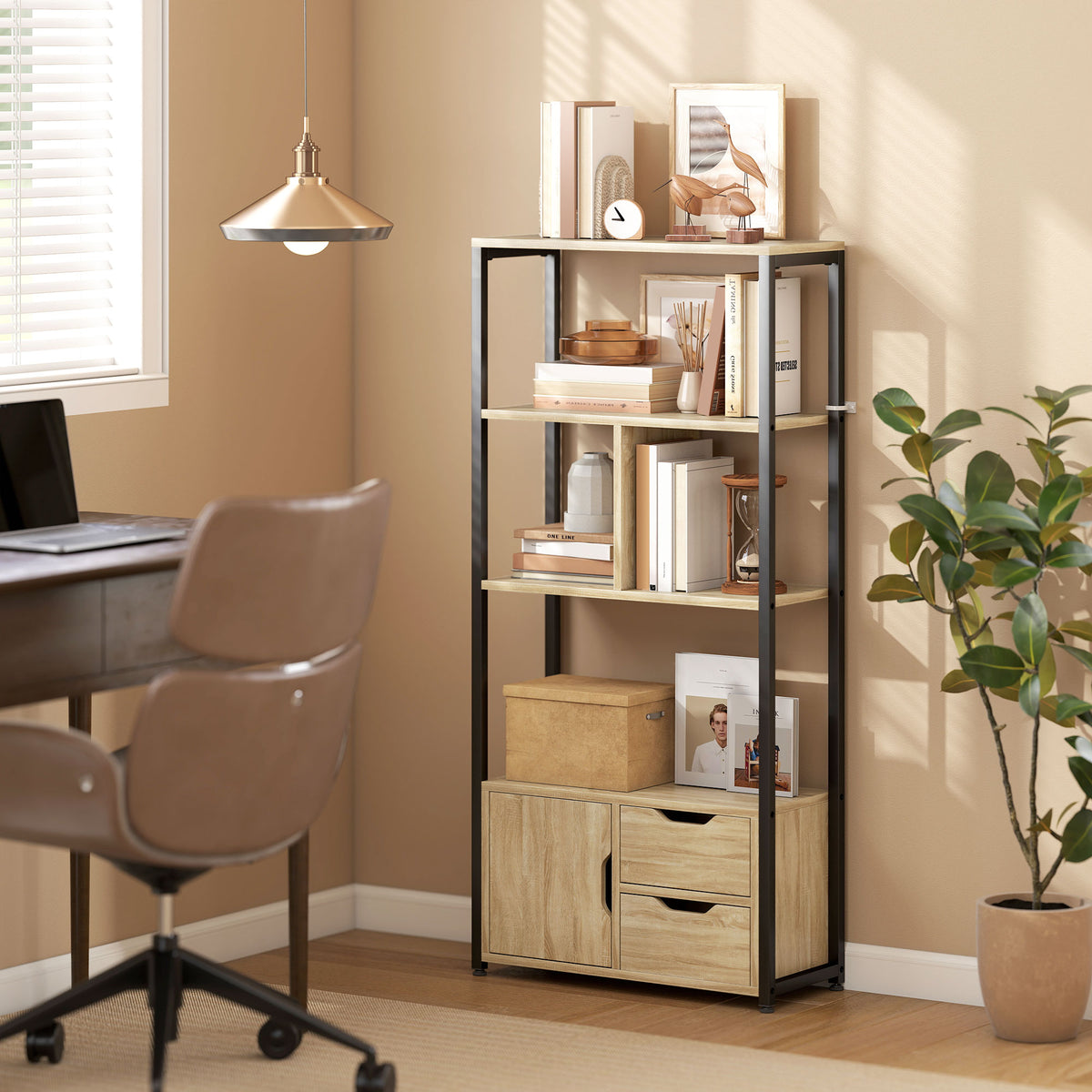 Bibliothèque style industriel 3 étagères placard porte 2 tiroirs 58 x 24 x 122 cm effet bois naturel acier noir-1