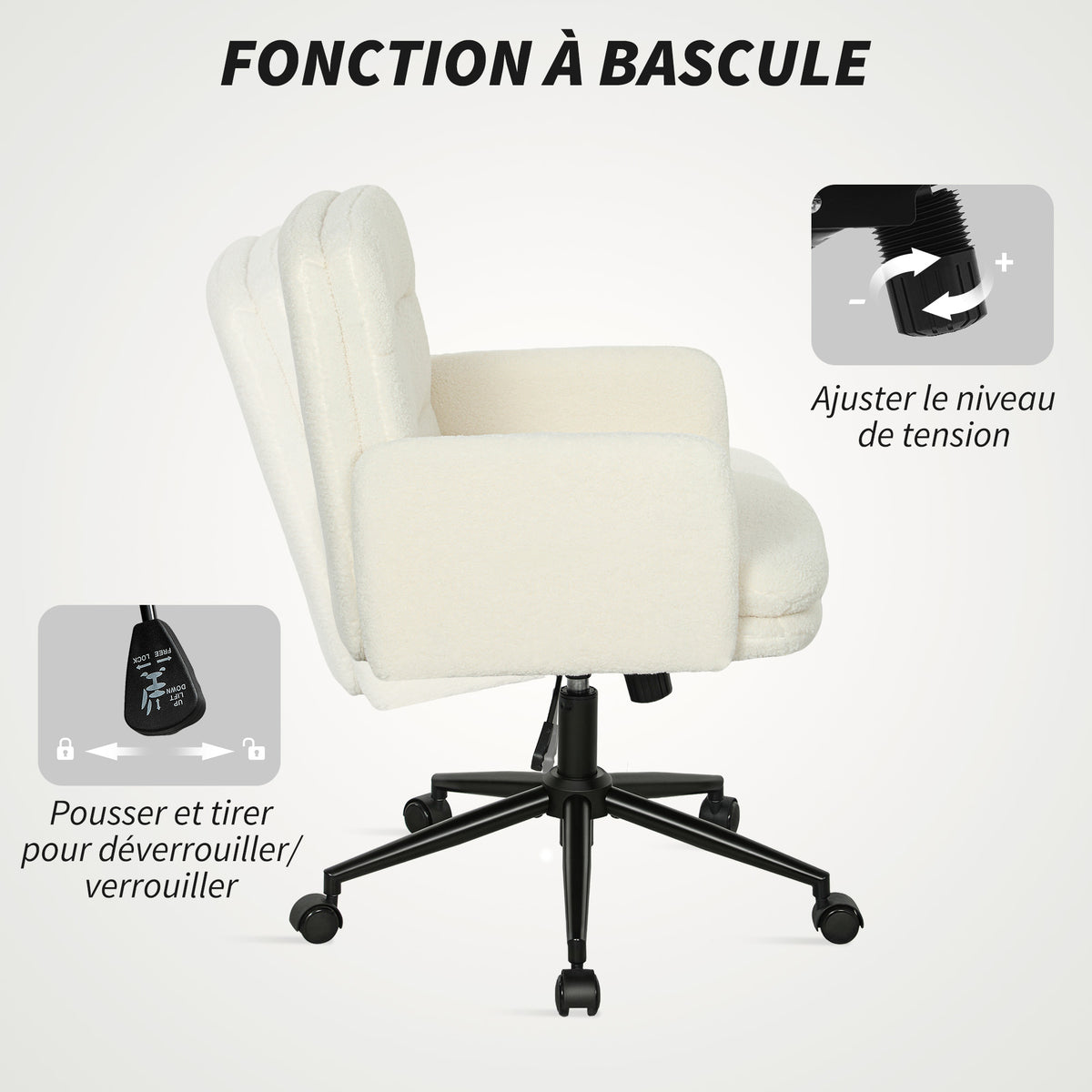 Chaise de bureau, fauteuil de bureau pivotante avec hauteur réglable, fonction de bascule, 61,5 x 65 x 91-101 cm, crème-4