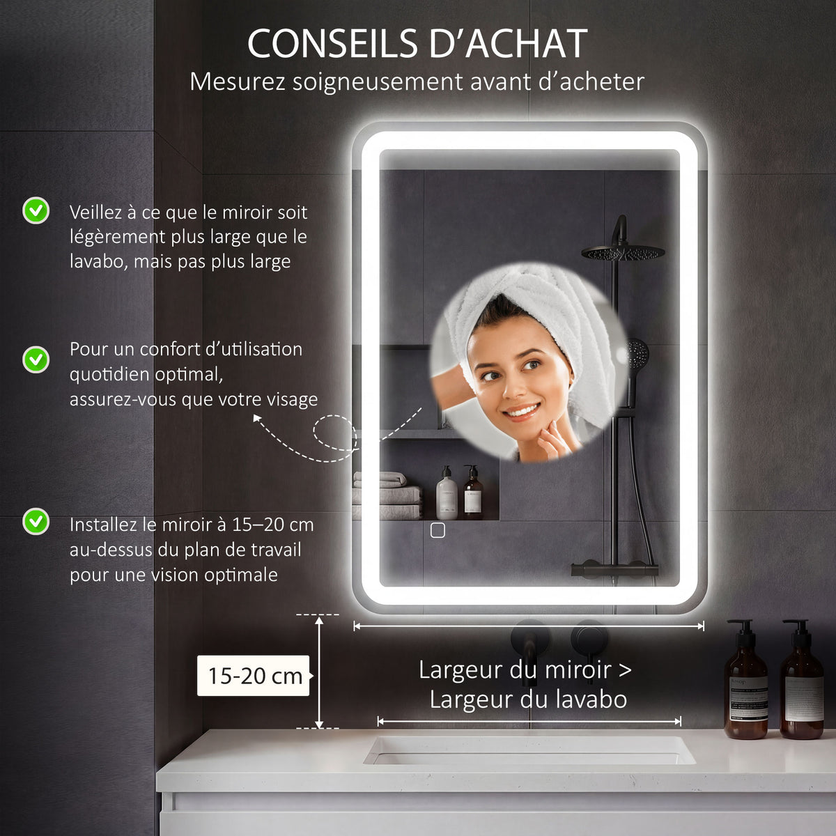 Miroir de salle de bain rectangulaire LED fonction anti-buée luminosité réglable fonction mémoire 70 x 90 cm argent-3