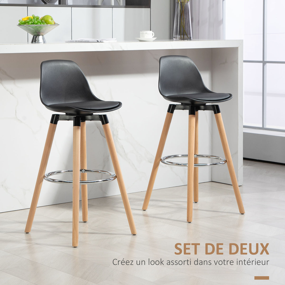 Lot de 2 tabourets de bar, chaises de bar avec dossier et repose-pieds, assise rembourrée, 43 x 43 x 91 cm, noir-3