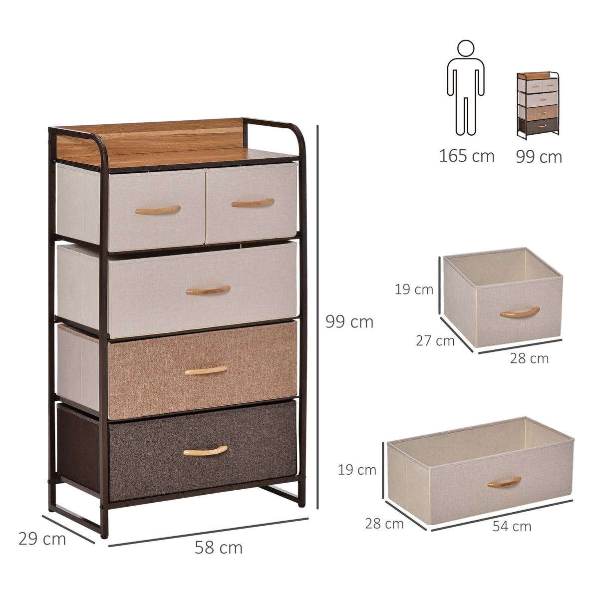 Commode Meuble de Rangement 5 tiroirs Pliables en Tissu 58 x 29 x 99 cm Multicolore-2