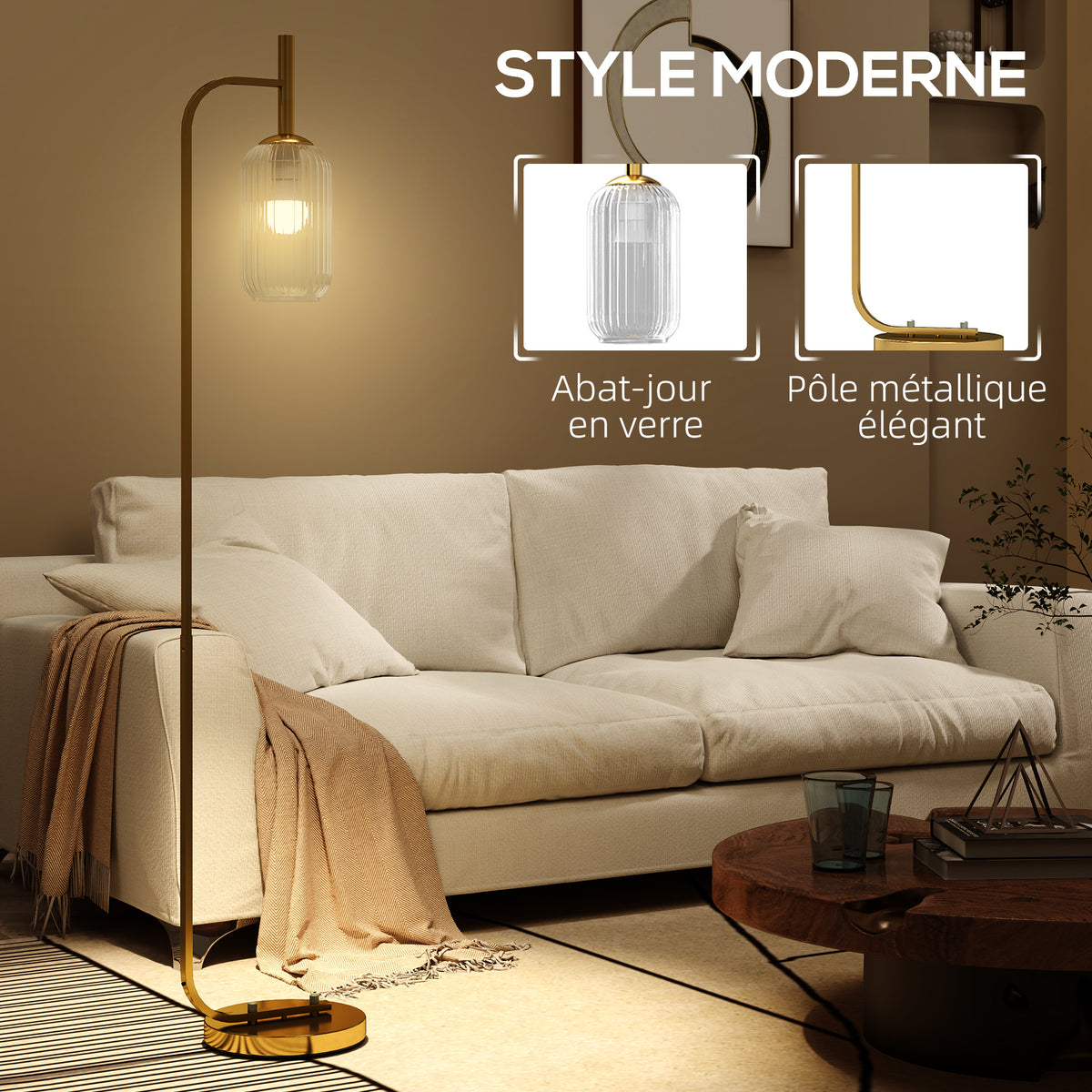 Lampadaire sur pied salon lampe sur pied avec abat-jour en verre texturé interrupteur à pied 29 x 25 x 152 cm métal or-3
