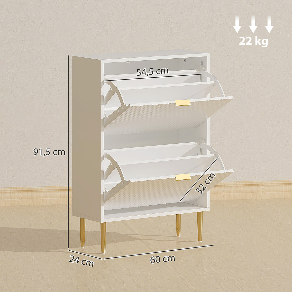 Meuble à chaussures 12 paires avec 2 tiroirs rabattables, portes cannelées et étagères réglables, 60x24x91,5cm, blanc-2