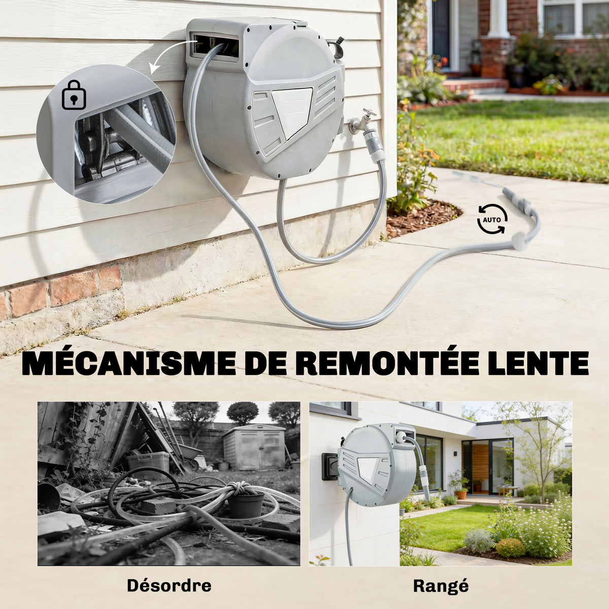 Enrouleur Tuyau Arrosage Mural 20+1,6m x Ø 15mm, Dévidoir de Tuyaux d'Eau Rétractable Automatique Pivotant à 180°, Gris-4
