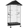 Cage oiseau sur pied volière oiseaux intérieure sur roulettes 2 mangeoires 8 perchoirs 79 x 65 x 155 cm fil d'acier noir-0
