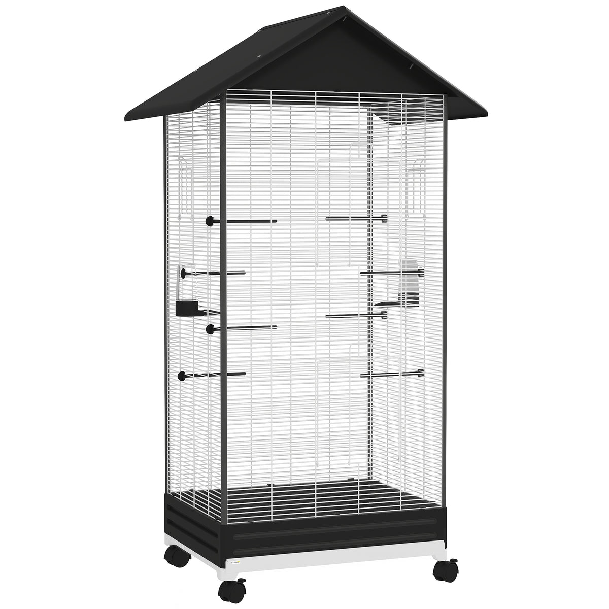 Cage oiseau sur pied volière oiseaux intérieure sur roulettes 2 mangeoires 8 perchoirs 79 x 65 x 155 cm fil d'acier noir-0