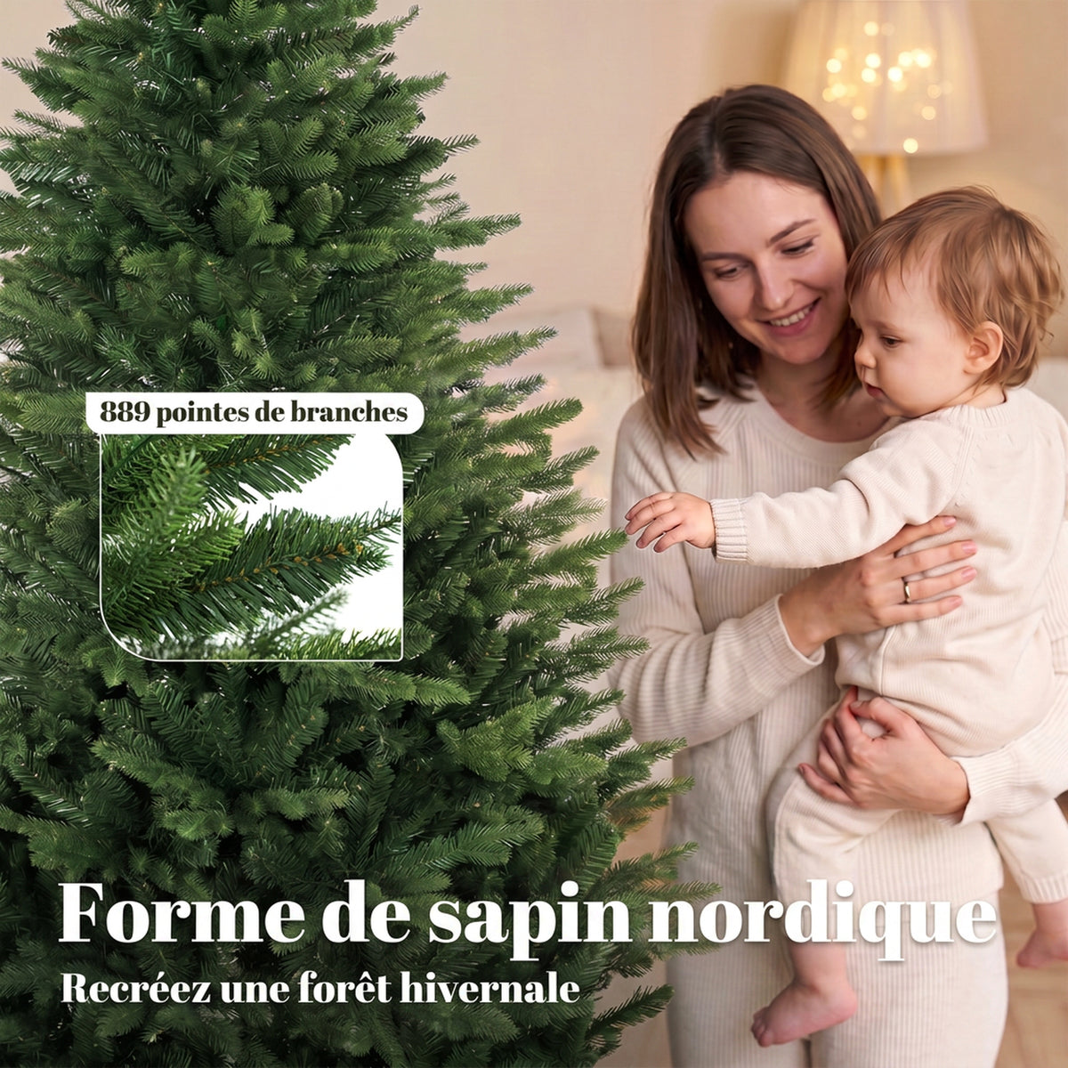Sapin de Noël Artificiel 180 cm, Arbre de Noël avec 889 Pointes de Branches Articulées Réalistes, Support en Bois, Vert-4