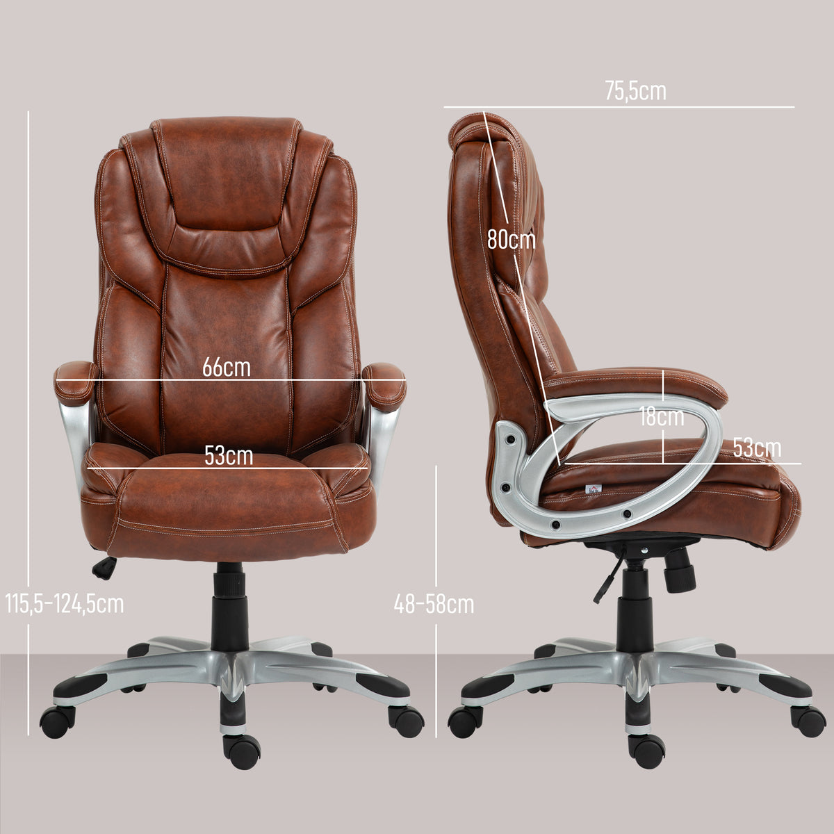 Chaise de bureau fauteuil de bureau avec fonction bascule roulettes pivotantes 360° 66 x 75,5 x 115,5-124,5 cm marron-2