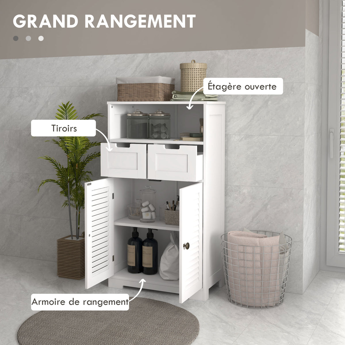 Meuble de salle de bain armoire 2 portes étagère réglable 2 tiroirs niche 61 x 30,5 x 109,5 cm blanc-3