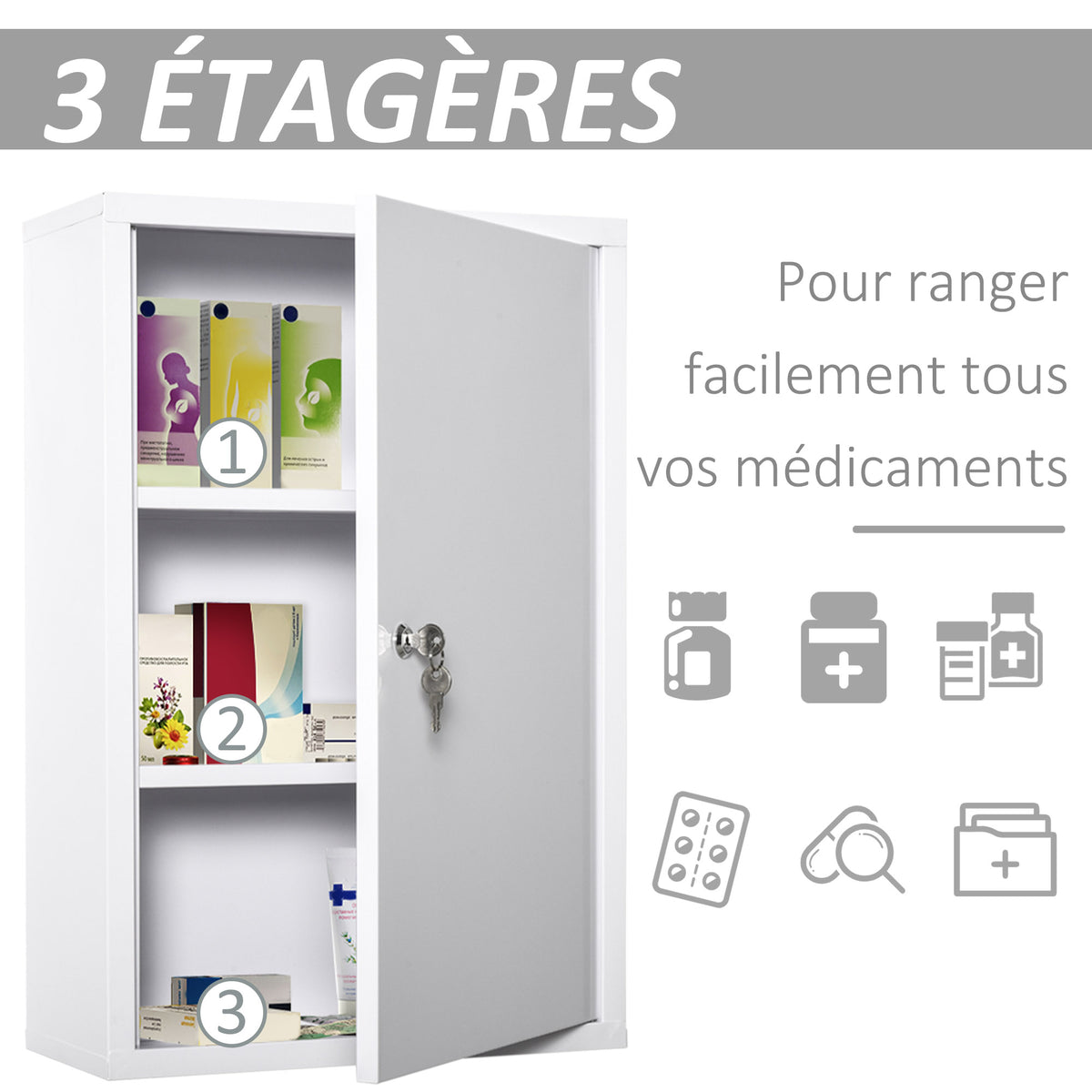Armoire à Pharmacie 2 étagères 3 Niveaux verrouillable dim. 40L x 18l x 60H cm 2 clés métal Blanc-4