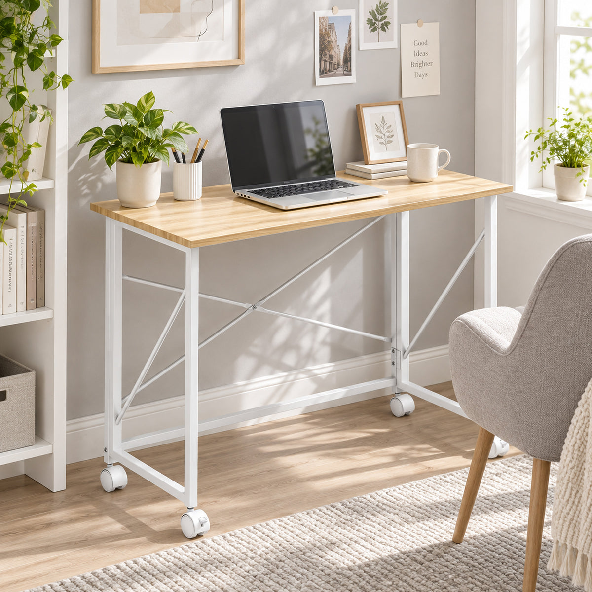 Bureau pliant table d'ordinateur 80 x 40 cm sur roulettes pour bureau à domicile, chambre, petits espaces, chêne-8