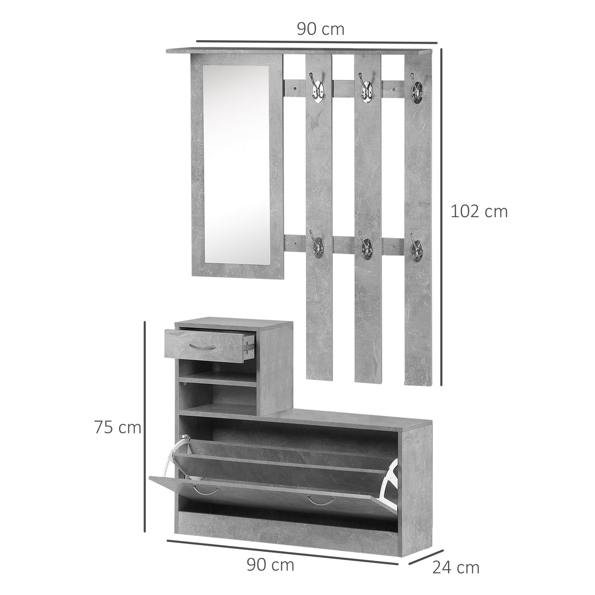 Ensembles 3 en 1 de meuble d'entrée vestiaire avec panneau porte-manteau, miroir et banc à chaussures - 6 crochets et étagère réglable, effet béton gris-2