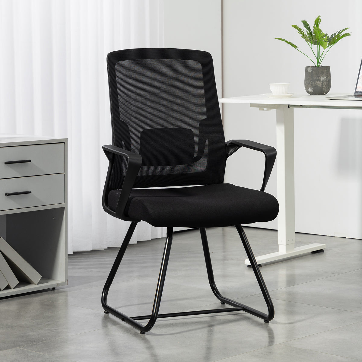 Chaise de bureau ergonomique sans roulettes, chaise de conférence avec dossier en maille, soutien lombaire, noir-1