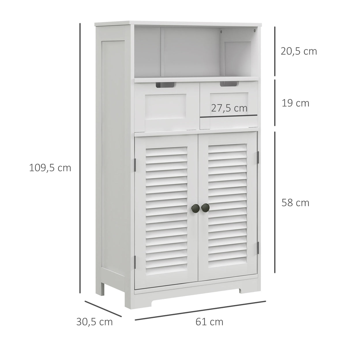 Meuble de salle de bain armoire 2 portes étagère réglable 2 tiroirs niche 61 x 30,5 x 109,5 cm blanc-2