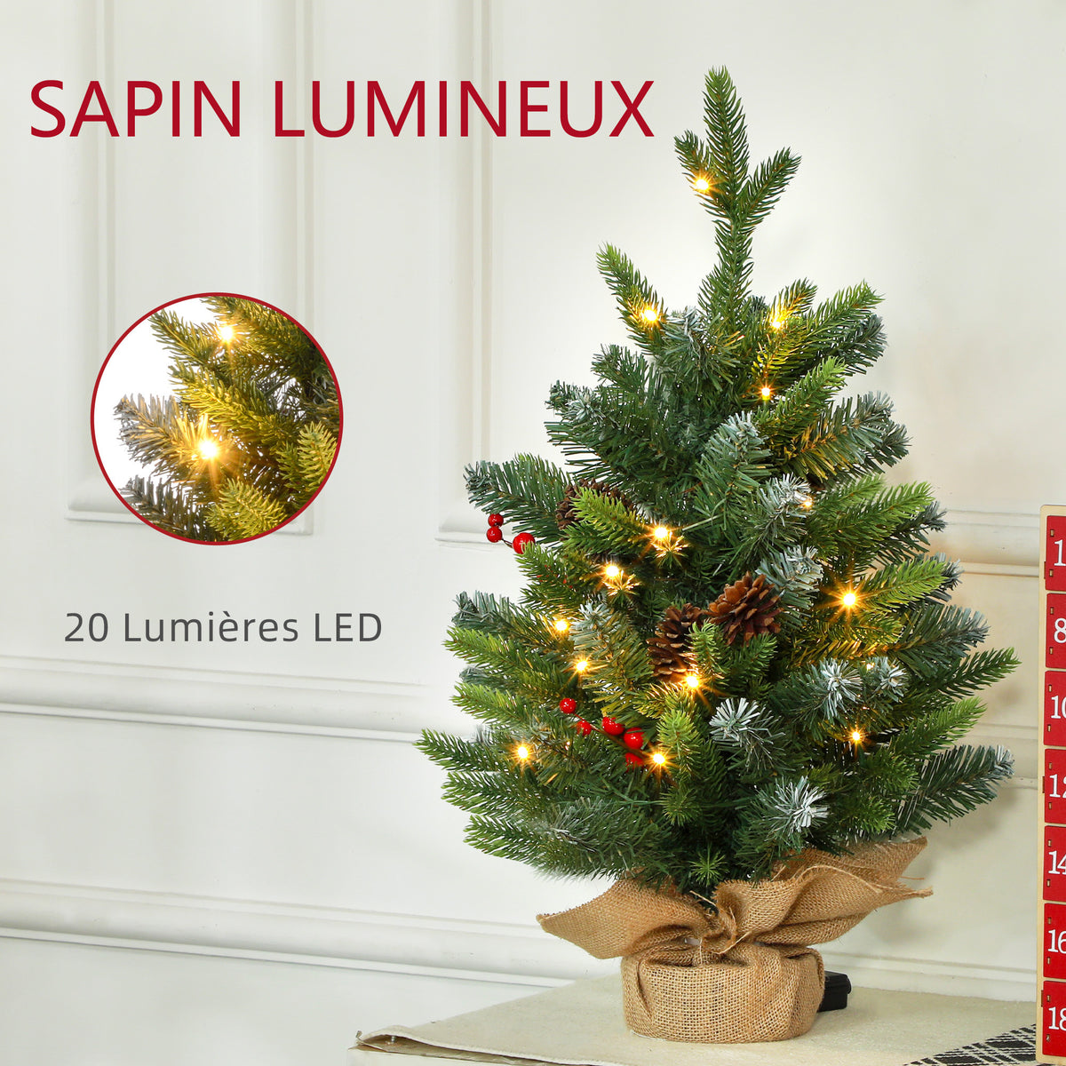 Sapin de Noël 60 cm arbre de Noël de table avec lumière LED, 141 pointes, pommes de pin et baies rouges, base en béton-3