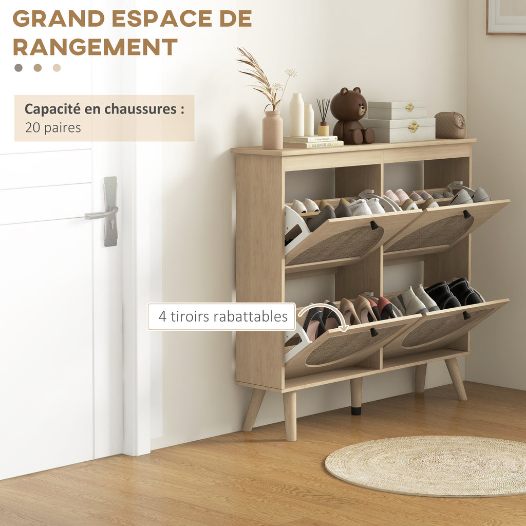 Meuble à chaussures 4 abattants 20 paires étagère réglable style bohème pieds en bois massif 105 x 24 x 97,5 cm naturel-3