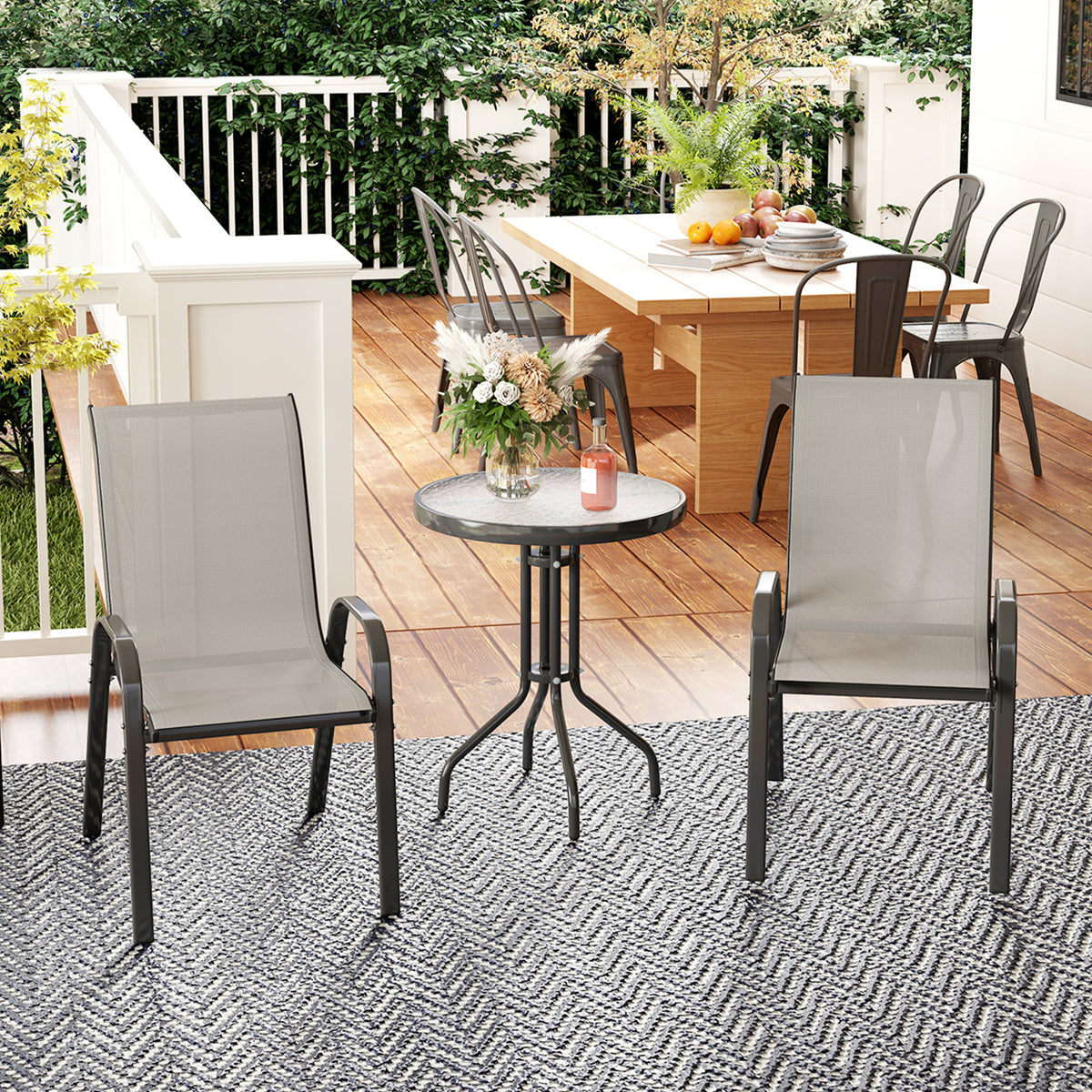 3 pièces salon de jardin extérieur ensemble de meubles 2 fauteuils empilables table basse dessus verre trempé gris clair-1