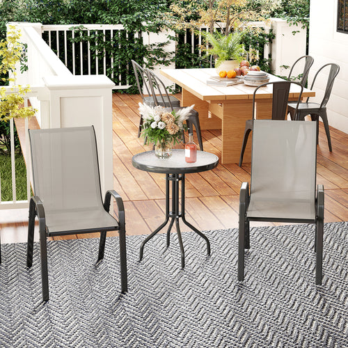 3 pièces salon de jardin extérieur ensemble de meubles 2 fauteuils empilables table basse dessus verre trempé gris clair-1