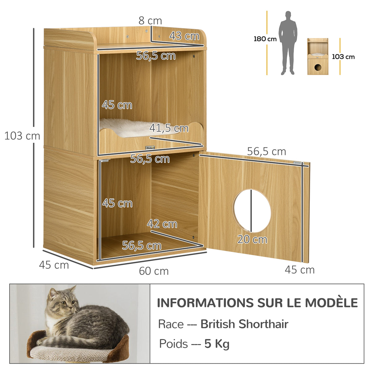 Maison de toilette pour chat meuble litière chat 3 niveaux compartiment fermé par une porte 1 coussin 60 x 45 x 103 cm-2