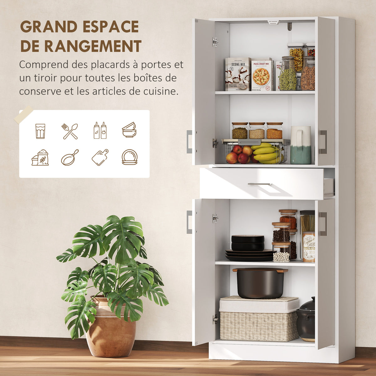 Buffet haut armoire de cuisine 4 portes 2 placards et 1 tiroir central hauteur 180 cm avec 2 étagères réglables blanc-3