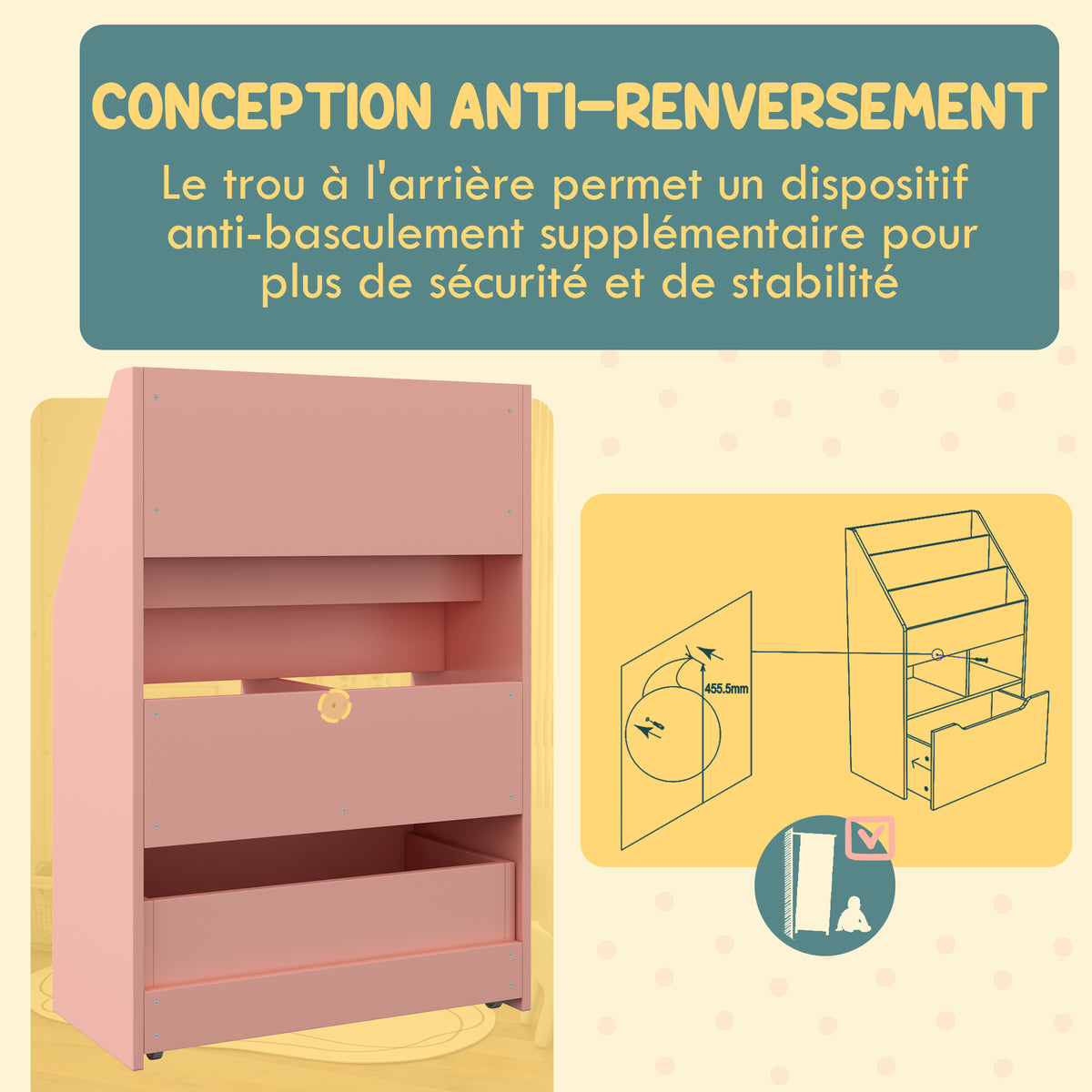 Bibliothèque étagère Multi-Rangement 3 étagères 2 niches Grand tiroir en bois Rose-4