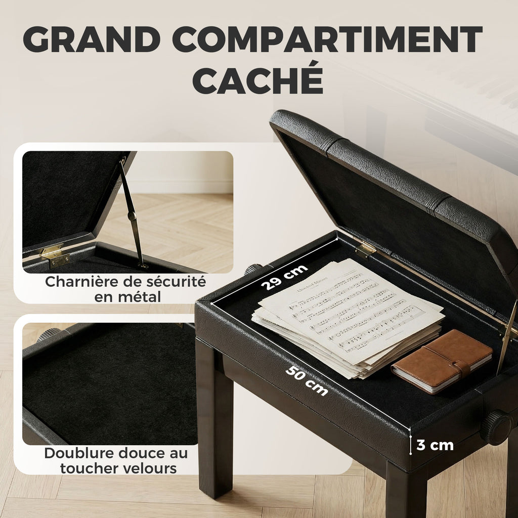 Banquette tabouret siège pour piano coffre intégré hauteur réglable bois hévéa assise revêtement synthétique noir-4