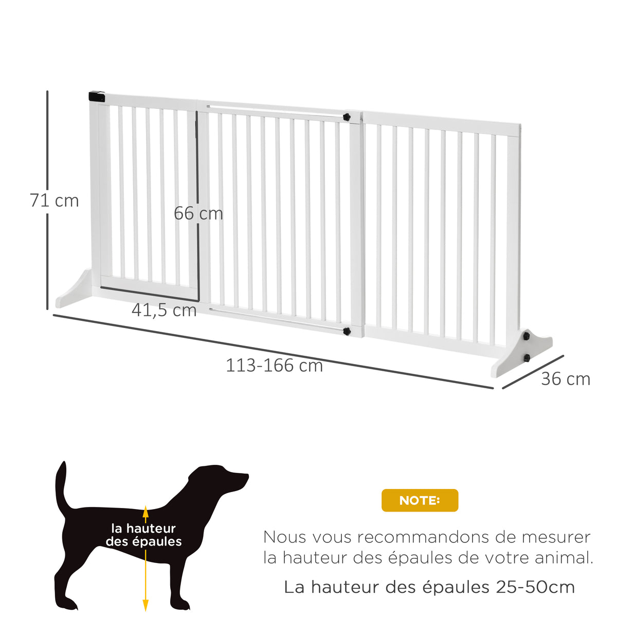 Barrière de sécurité chien barrière autoportante longueur réglable porte verrouillable intégrée dim. 113-166L x 36l x 71H cm pin blanc-2