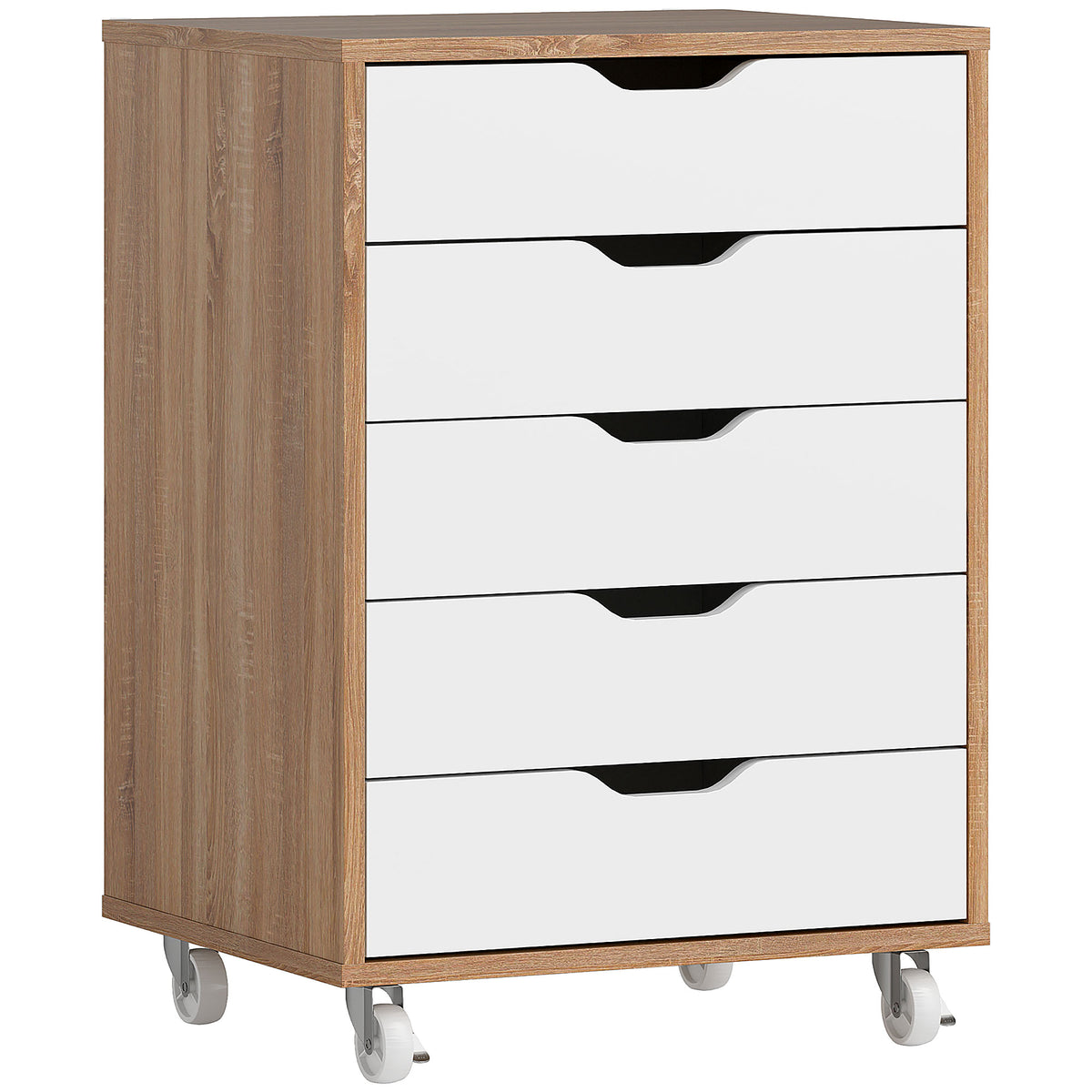 Caisson bureau mobile, meuble rangement bureau sur roulettes, 5 tiroirs, 47,5 x 39,5 x 67,5 cm, blanc et chêne-0