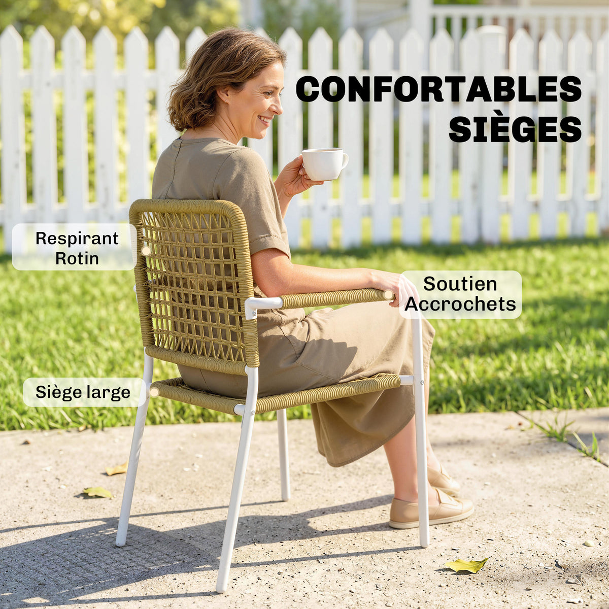 Lot de 2 Chaises de Jardin Empilables en Résine Tressée avec Accoudoirs et Dossier, 55x57x82cm, Jaune-6