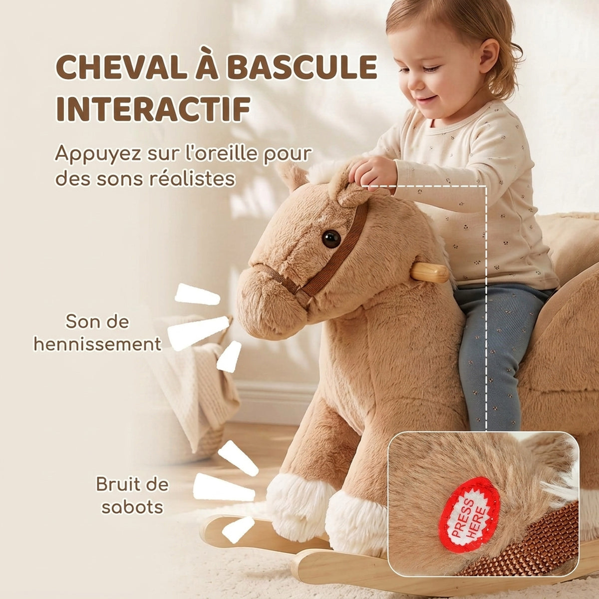 Cheval à Bascule pour Enfants, Animal à Bascule Bébé en Peluche avec Sons, Ceinture de Sécurité, 18-36 Mois, Marron-3