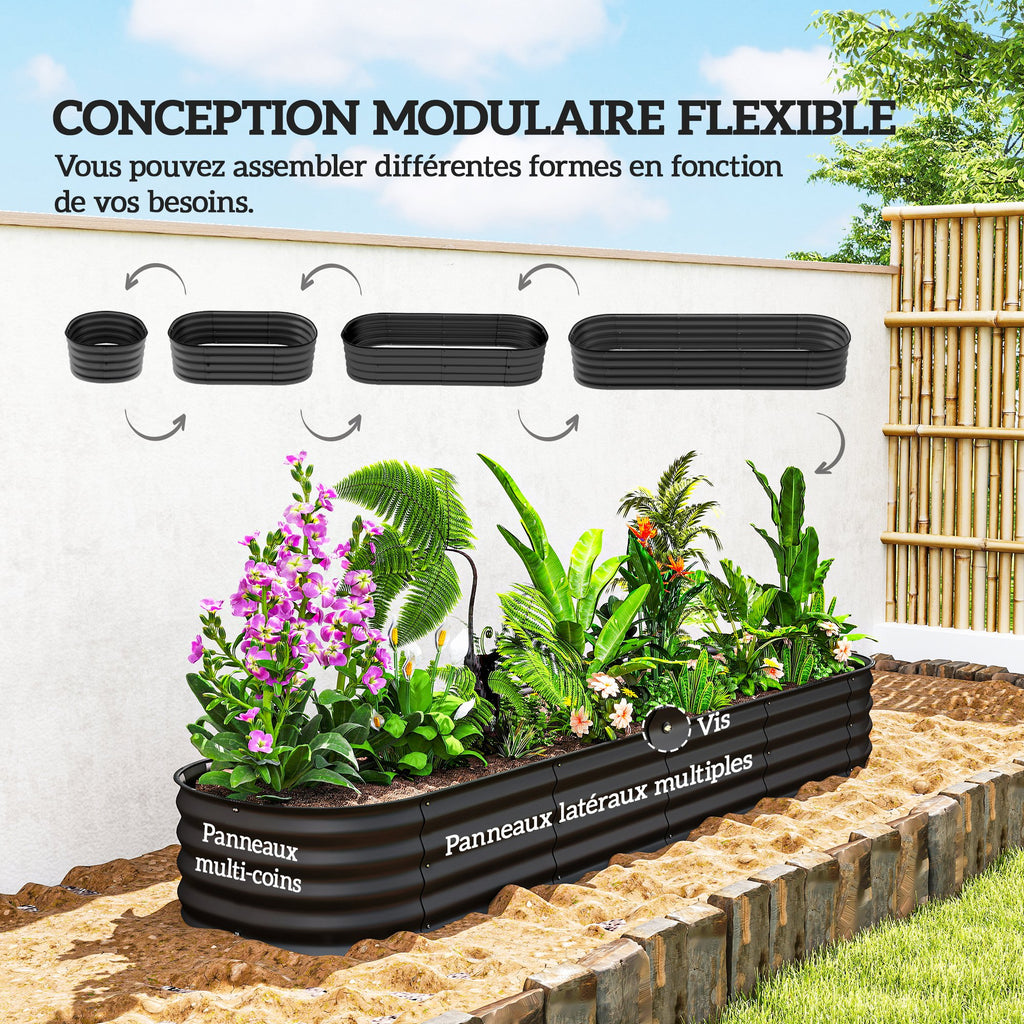 Jardinière surélevée carré potager de jardin en acier modulable pour légumes, plantes, fleurs, dim. 240 x 62 x 30cm-3