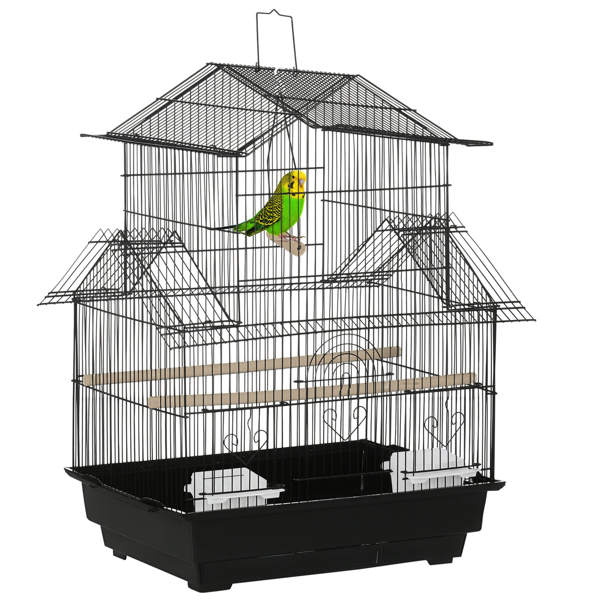 Cage à oiseaux design maison mangeoires perchoirs 3 portes plateau excrément amovible + poignée transport 50,5 x 41 x 63 cm noir-0