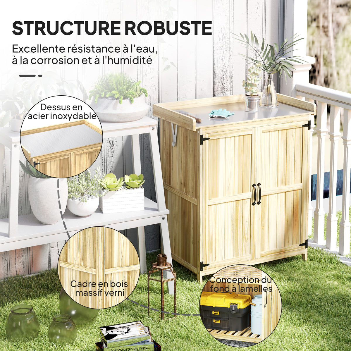 Armoire de jardin en bois abri de jardin avec 2 portes, toit à charnières et étagère, 74 x 43 x 88 cm, bois naturel-6