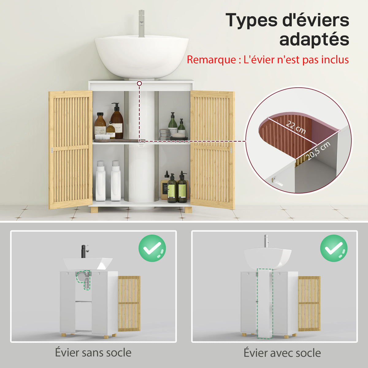 Meuble sous lavabo salle de bain - placard à portes à lattes en bambou, 60 x 30 x 75 cm, effet bois naturel-3