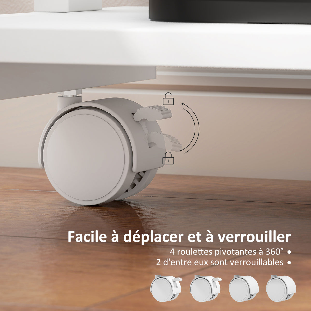 Bureau d'ordinateur sur roues, bureau avec rangement 56 x 51 cm avec tiroir, compartiment et support CPU, blanc-4