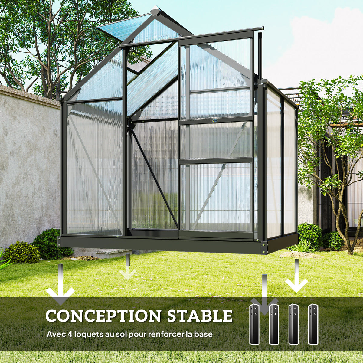 Serre de jardin polycarbonate 190 x 132 x 201 cm résistant aux UV 30+ fondation renforcé gouttière gris-5