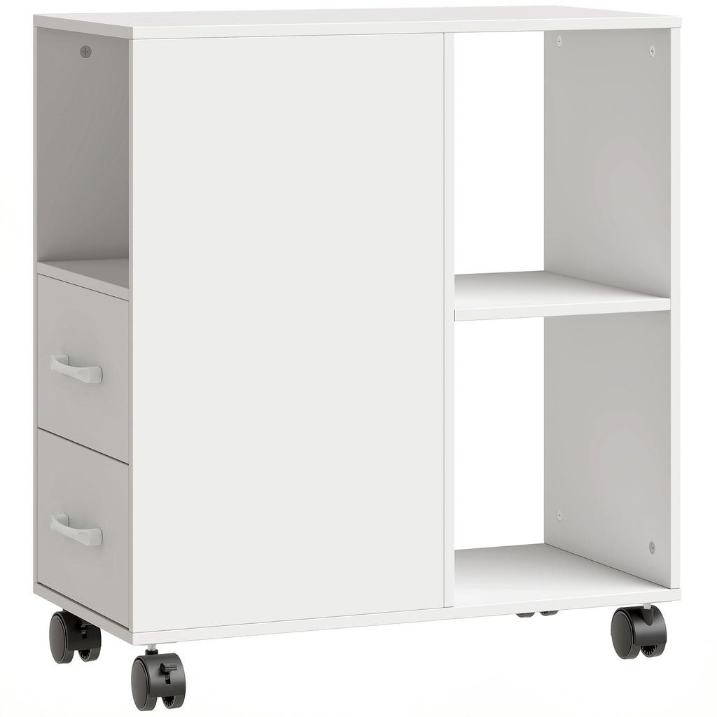 Support d'imprimante, meuble de rangement sur roulettes avec tiroirs, étagère réglable et compartiment ouvert, blanc-0