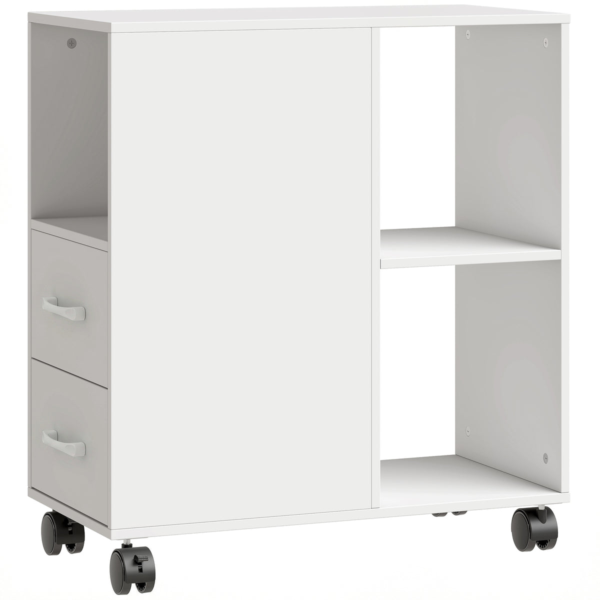 Support d'imprimante, meuble de rangement sur roulettes avec tiroirs, étagère réglable et compartiment ouvert, blanc-0