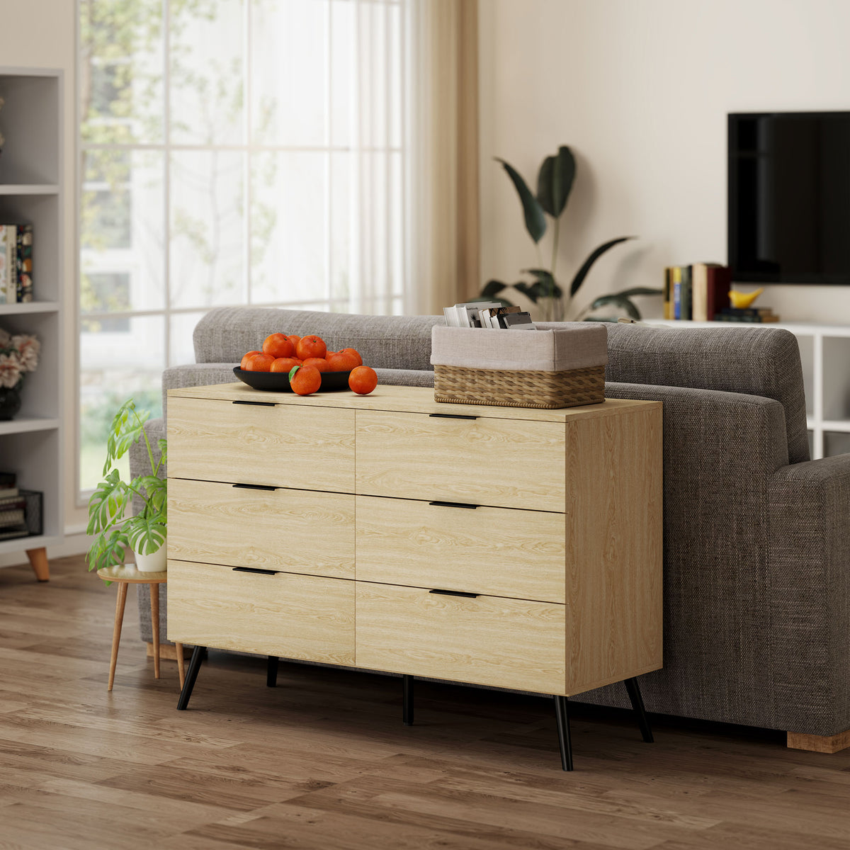 Commode 6 tiroirs Commode moderne pour chambre à coucher avec design anti-basculement 110L x 40l x 75H cm Aspect bois-6