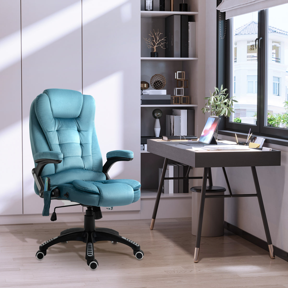 Fauteuil de bureau massant et chauffant, chaise de bureau, chaise ergonomique avec hauteur réglable, dossier inclinable et télécommande filaire, pivotant à 360° tissu en polyester bleu-1