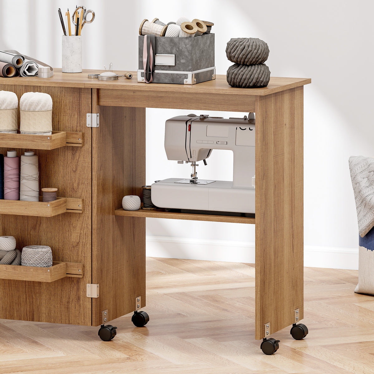 Table de couture pliante meuble couture à abattant avec bacs de rangement, étagère ouverte et roulettes, marron-9