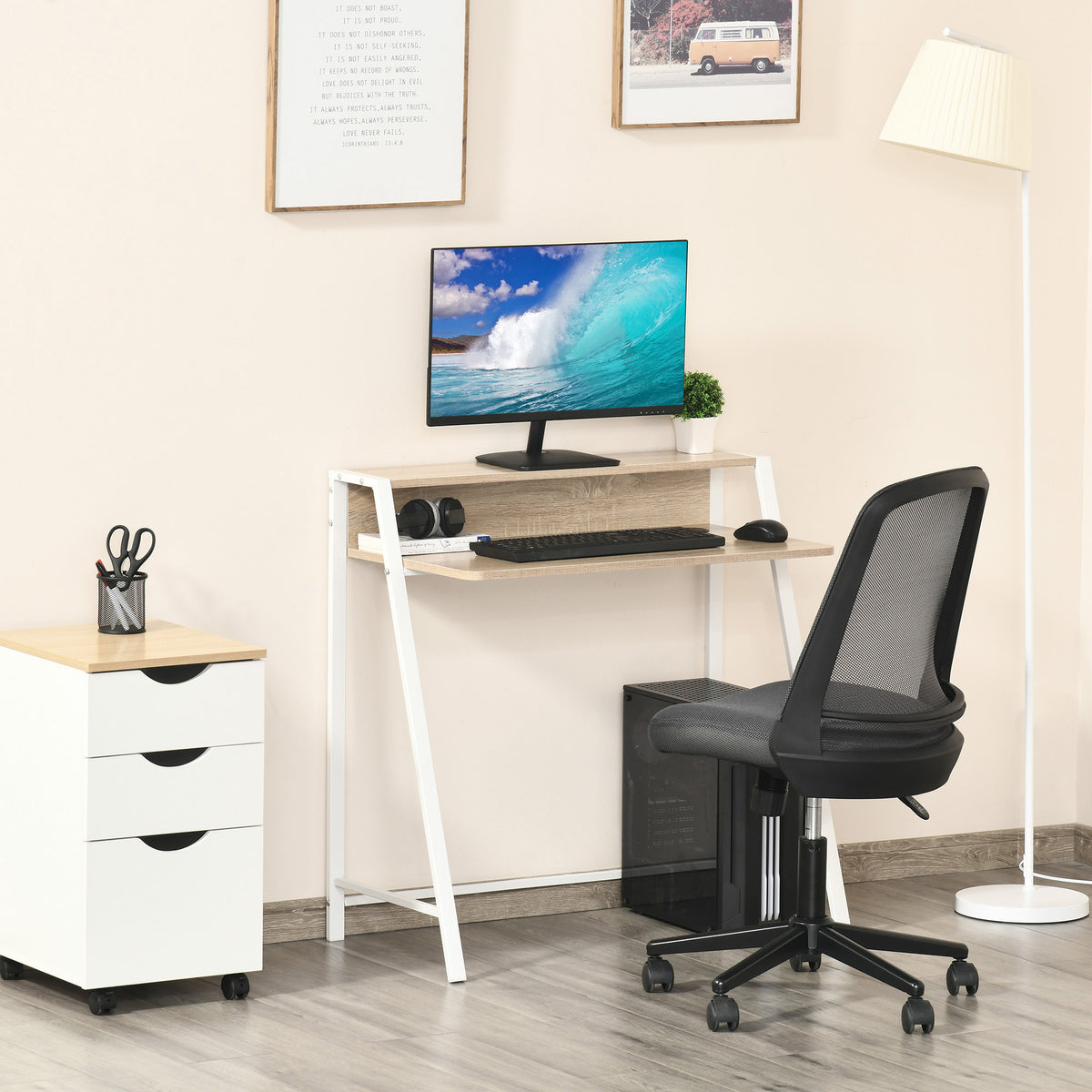 Bureau Informatique Table Ordinateur d'étude dim. 84L x 45l x 85H cm Style Simple en Bois chêne Clair Blanc-9