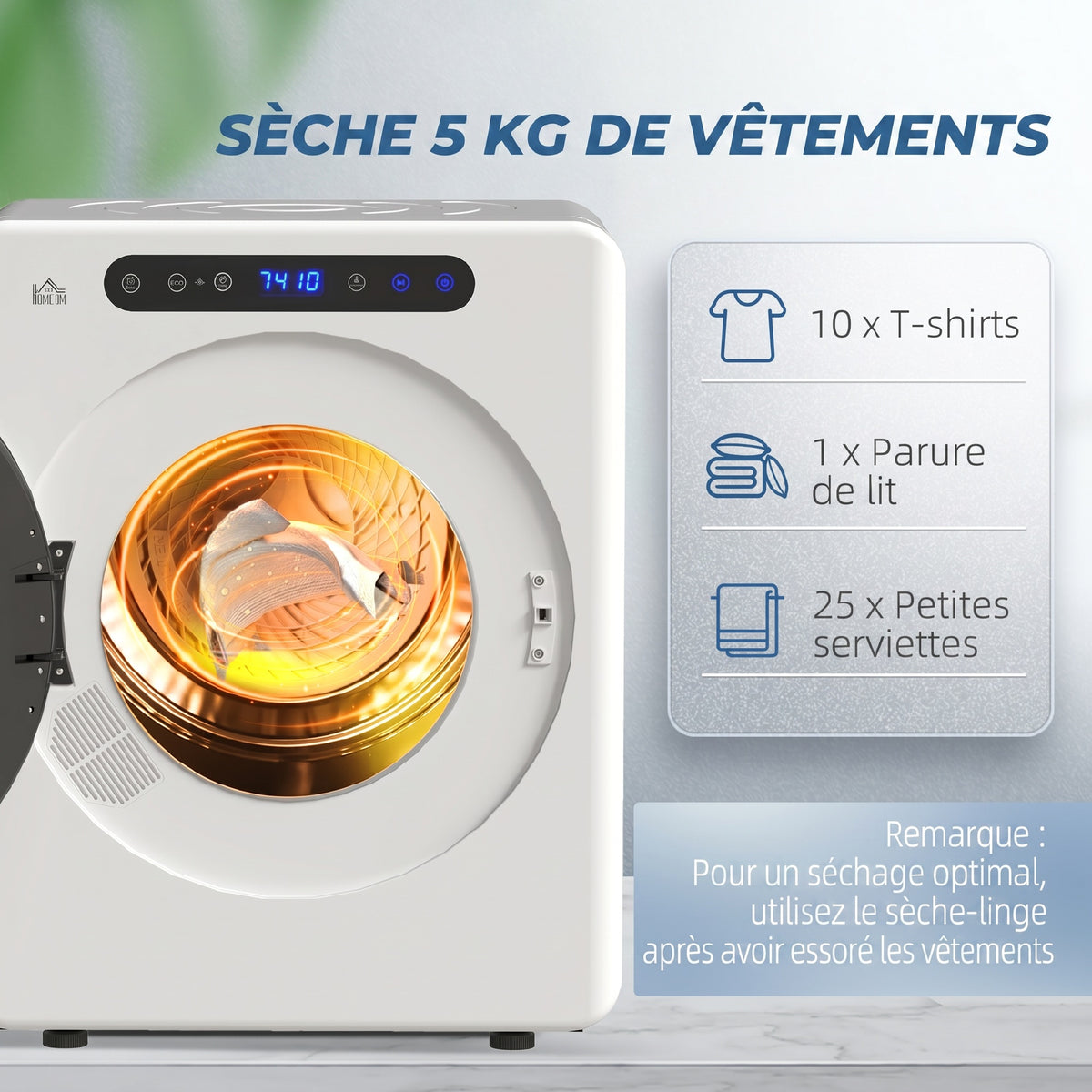 Sèche linge à évacuation, sèche-linge électrique 1000 W 3 Kg, modes Extra Dry et ECO, minuterie, acier inoxydable, blanc-4