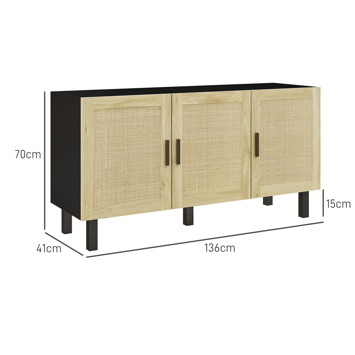 Meuble de rangement avec placards à portes effet cannage, étagères réglables, 136 x 41 x 70 cm, noir et bois naturel-2