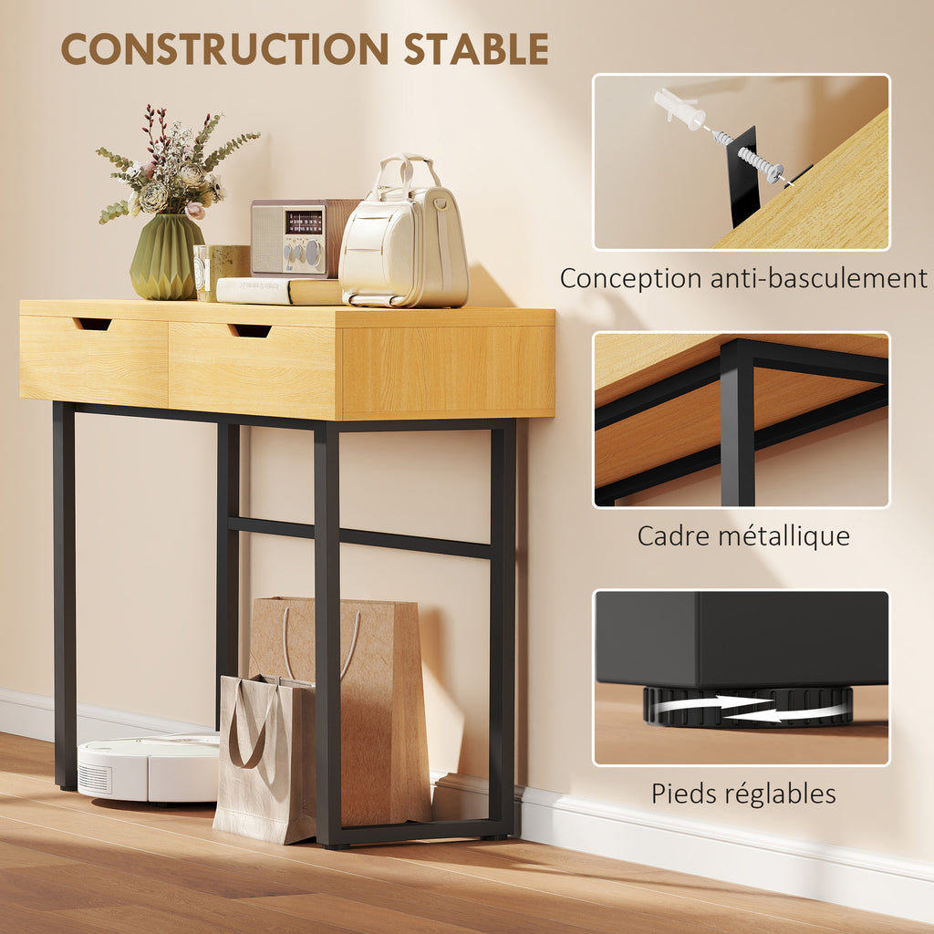 Console meuble 110 cm, table console étroite avec 2 tiroirs, cadre en métal et design sans poignées, bois naturel-6