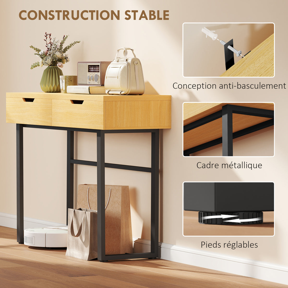 Console meuble 110 cm, table console étroite avec 2 tiroirs, cadre en métal et design sans poignées, bois naturel-6